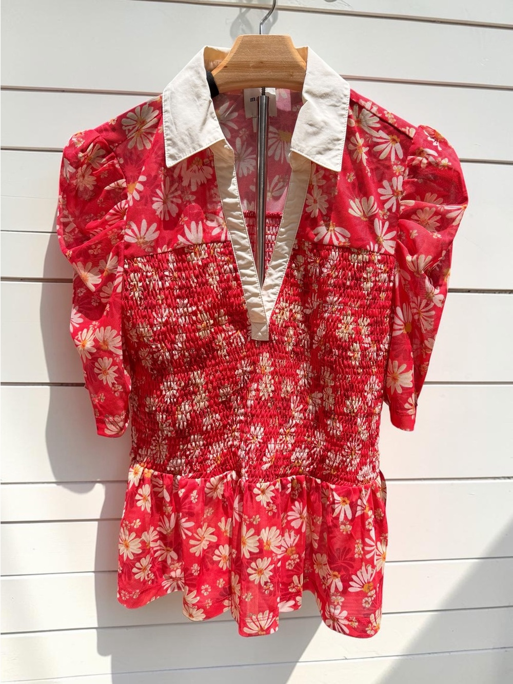Maeve Floral Smocked Puff Sleeve Peplum Top Pink Daisy Collared Blouse Small